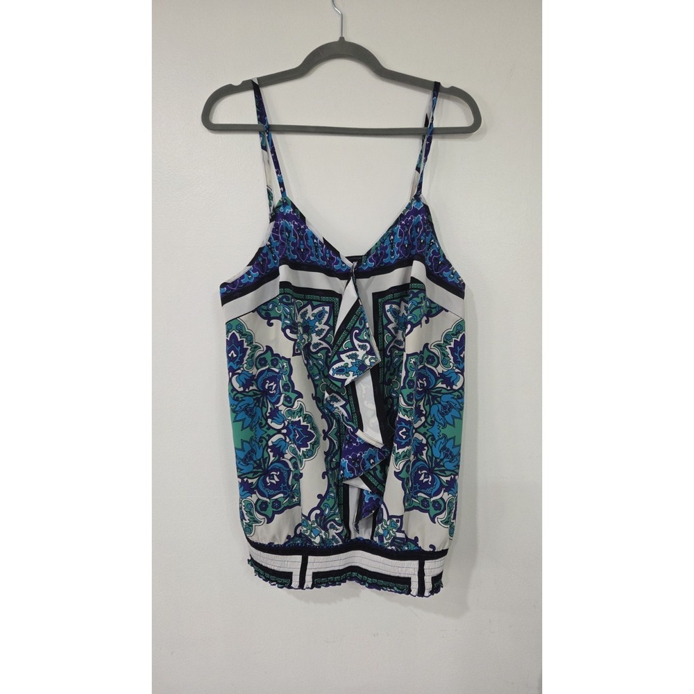 Lane Bryant Blue Green  Paisley Ruffle Strappy Sheer Tank Top 14/16 ‎ Fun Classy